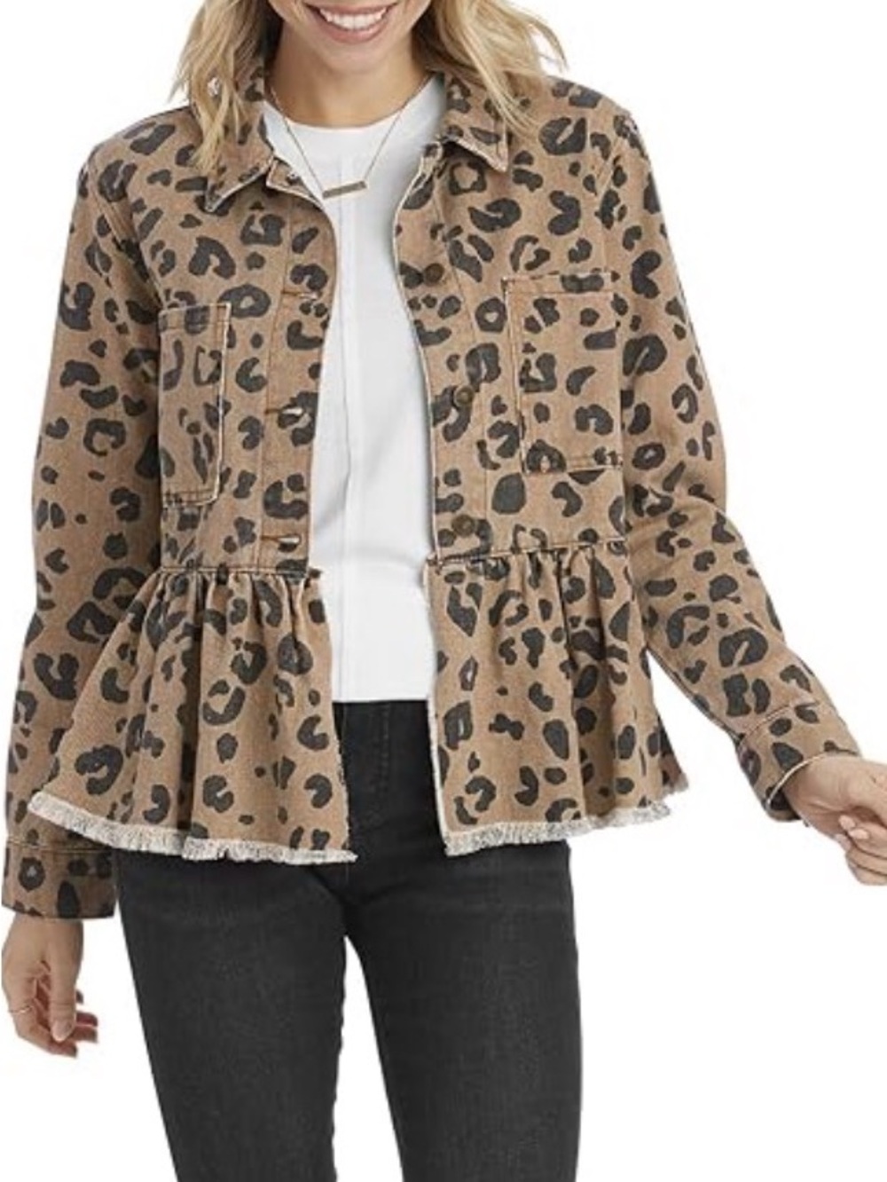 Mud Pie Leopard-Print Peplum Jean Jacket - Brown & Black